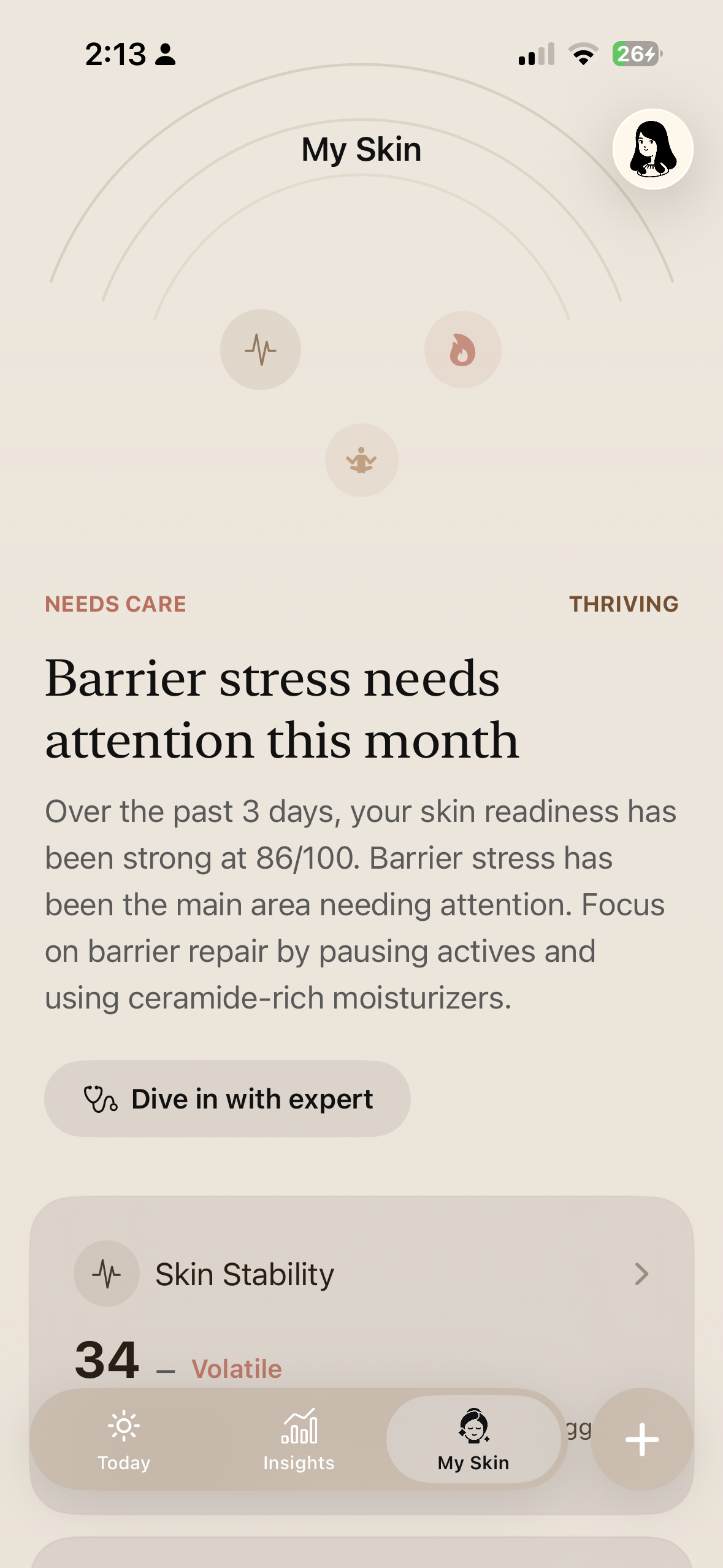 Skintelligent My Skin screen showing skin health overview with barrier stress insights and stability score