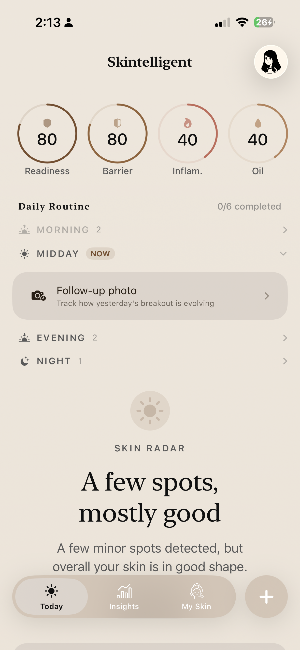 Skintelligent app dashboard showing daily skin scores and routine tracking